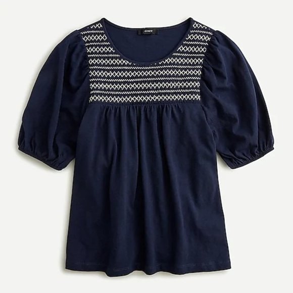 J. Crew Tops - J. Crew Woman's Sz L Navy Blue Puff Sleeve Smocked Yoke Blouse Top AO057